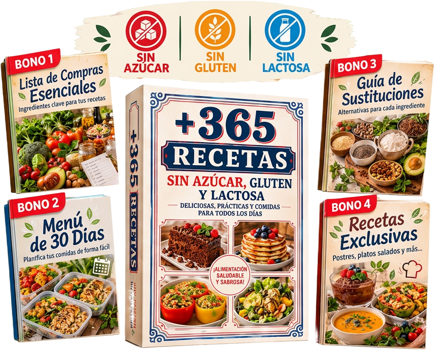 Mockup del paquete +500 Recetas Premium con sus bonos incluidos